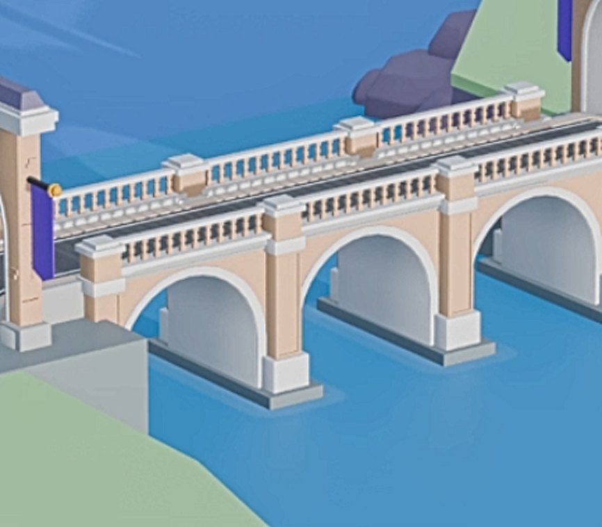 Work-in-progress 3D scene: a stone bridge with arches over blue water, between grassy islands