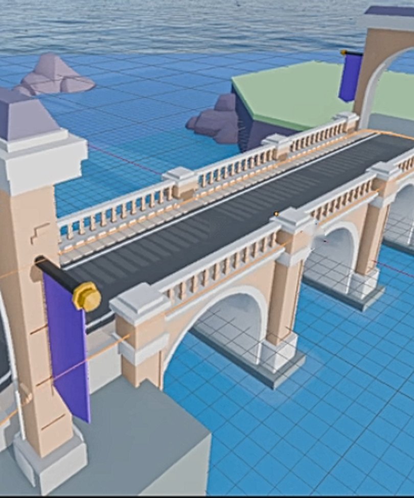Another angle of the work-in-progress stone bridge, showing the deck, railings and a purple banner